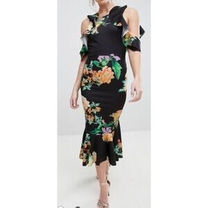 asos Black Floral Scuba Ruffle Cold-shoulder Cocktail Mermaid Dress - Size 6